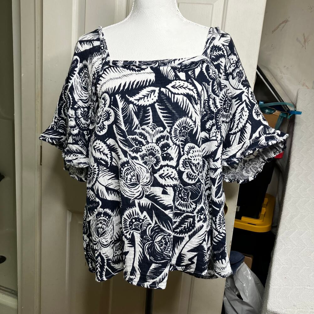 Wonderly Womens Top SZ 1X Dark Navy White Boho 100% Cotton Square Neck Raw Trim